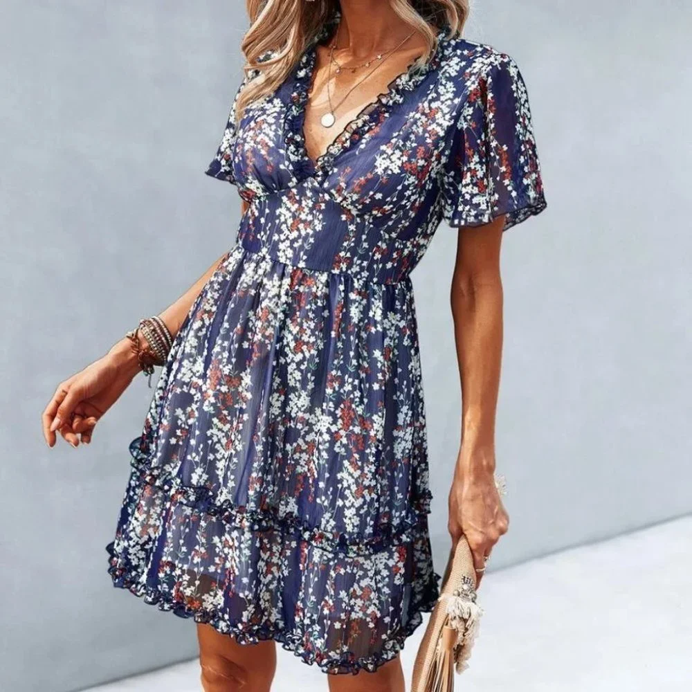 Boho Floral Print Frill Trim Dress blue Cottagecore - Picture 4 of 6